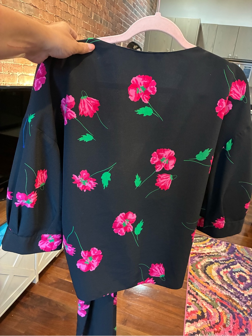 Zara Black Floral Wrap Blouse with Pink Flowers - Picture 5 of 5